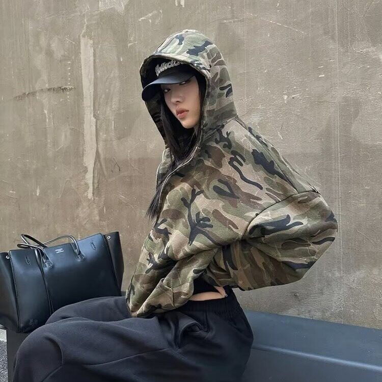 迷彩连帽短款卫衣女2025秋冬加绒宽松甜酷风外套潮JKS451,女装短外套,星座516A