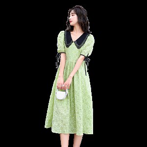 2022夏季新款女装时尚潮流韩版大码女装V领中长款短袖印花连衣裙图片