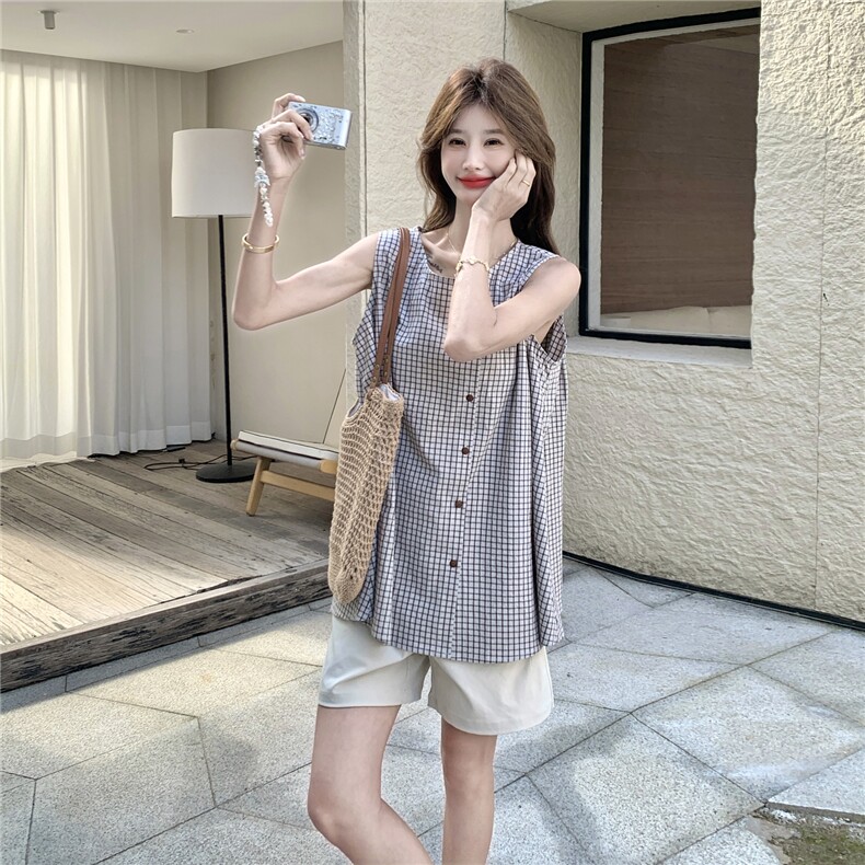 格纹套装女夏季2026新款韩系复古慵懒百搭显瘦背心高腰短裤两件套,女装套装/套裙,艾米莉亚