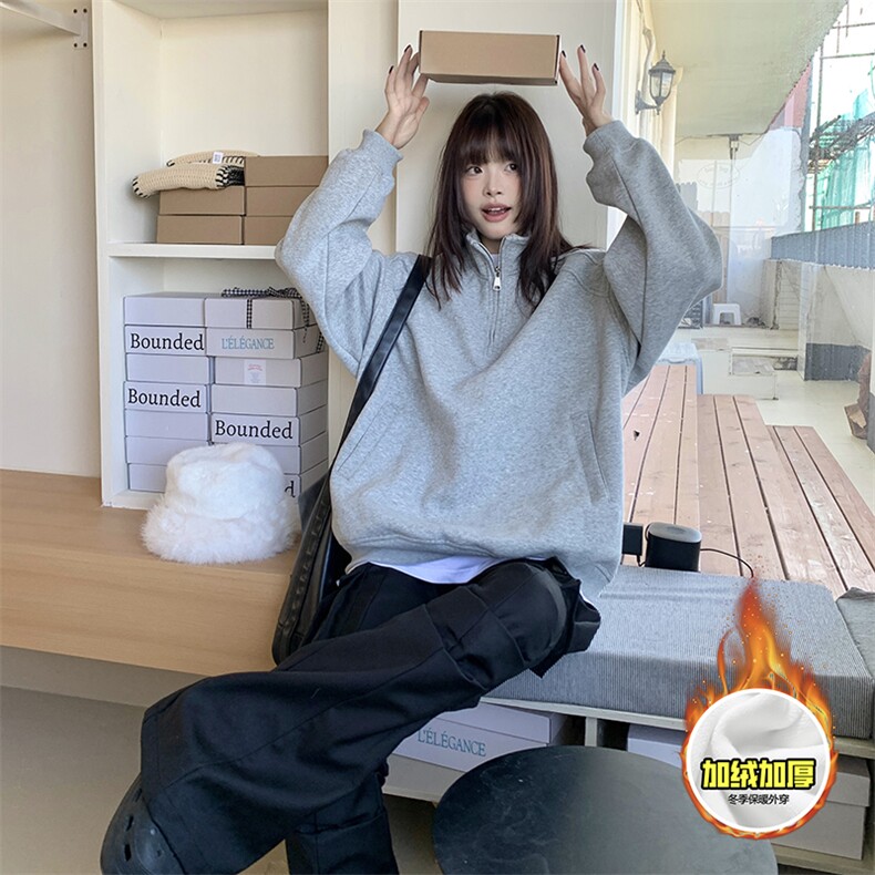 480G重磅加绒硬挺boxy男女秋冬美式高街结构半拉链立领卫衣厚外套,女装短外套,电商A486-1