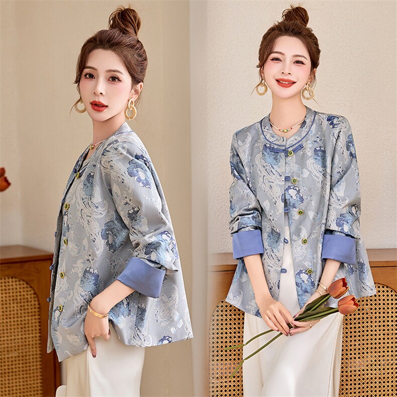 新中式国风提花缎面上衣女2025开春装新款高级感气质休闲短款外套，女装短外套，韩然一族