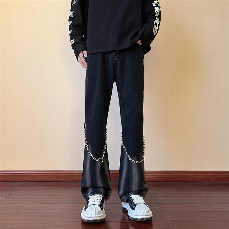 现货高街vibe黑色扎染设计感链条修身微喇牛仔裤男K880-P55控78,男装牛仔裤,星座205