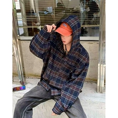 复古格子连帽衬衫男女长袖高级感衬衣休闲宽松慵懒外套上衣C221，男装衬衫，星座1116A（原606A-3）