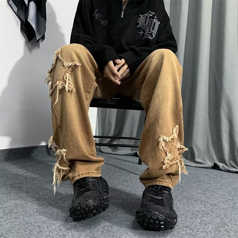 欧美高街vibe裤子男女毛边星星牛仔裤美式hiphop长裤潮N8217-P52,男装牛仔裤,星座1008