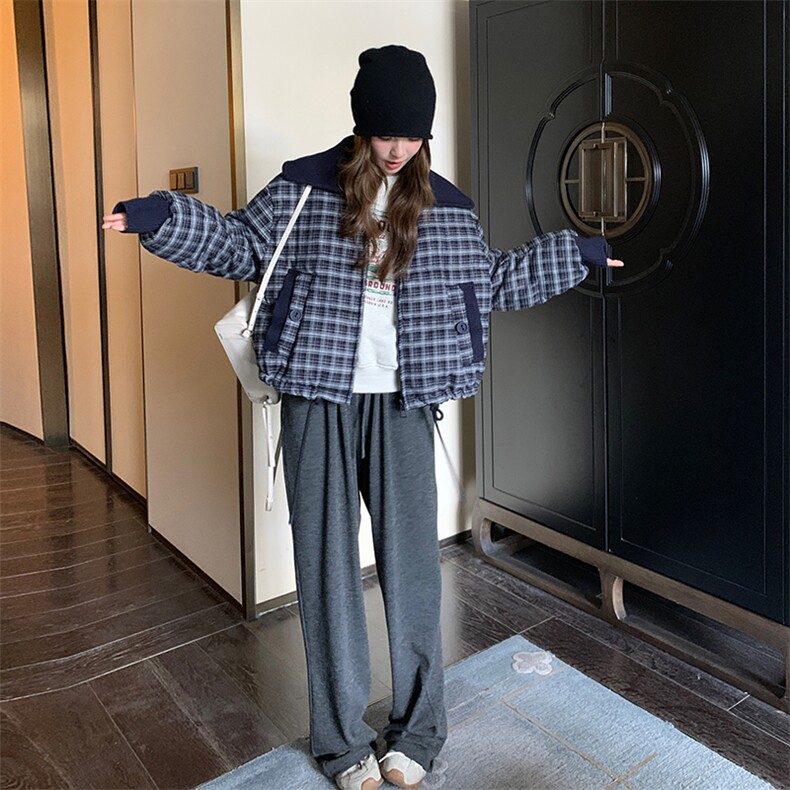 蓝色格子短款羽绒服女2025冬季新款韩系小个子加厚保暖白鸭绒外套,女装羽绒服,2C032