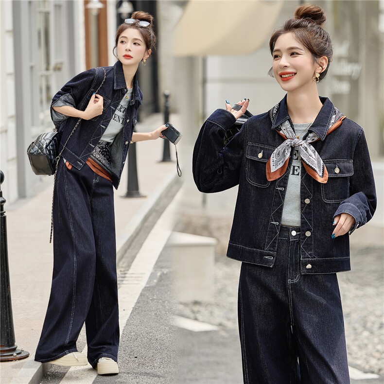 牛仔套装女2025秋新款高级感巨好看的超火休闲松弛感阔腿裤两件套，女装套装/套裙，浪花E族（衣布洛）