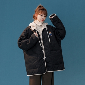 1中性风灯芯绒拼接假两件小熊连帽大码M-5XL棉衣女8713P135控168图片