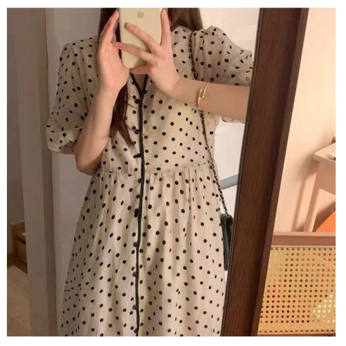 高品质小众设计韩东大门气质V领泡泡袖甜美收腰连衣裙波点裙女,女装连衣裙,潮品会