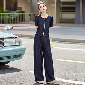 复古减龄天丝牛仔套装女2025夏季新款休闲短袖上衣阔腿长裤两件套图片