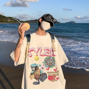 夏重磅落肩袖短袖t恤 卡通趣味印花美式半袖上衣XZ514-2-1293-P28图片