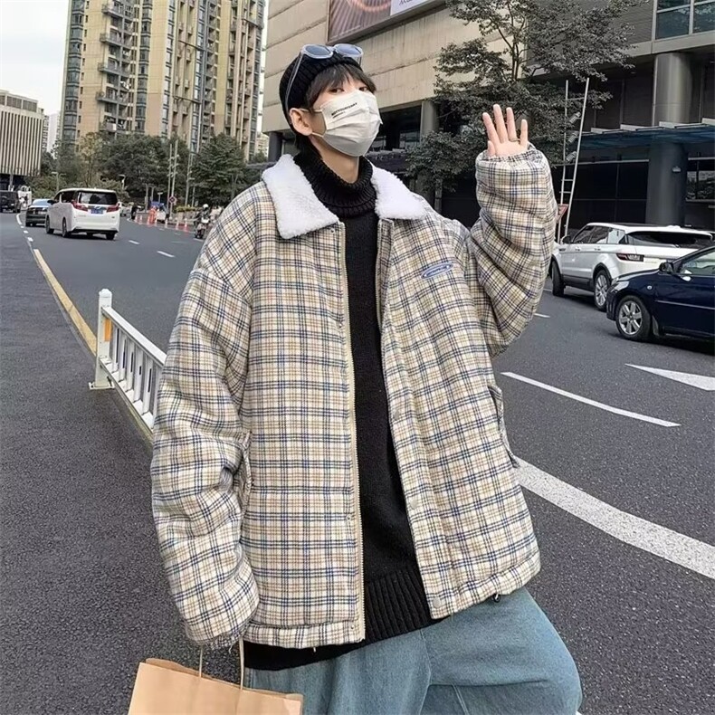 日系复古格子羊羔绒棉服男冬季ins潮牌宽松休闲加厚DWM03-P85,男装棉衣,星座1109-3