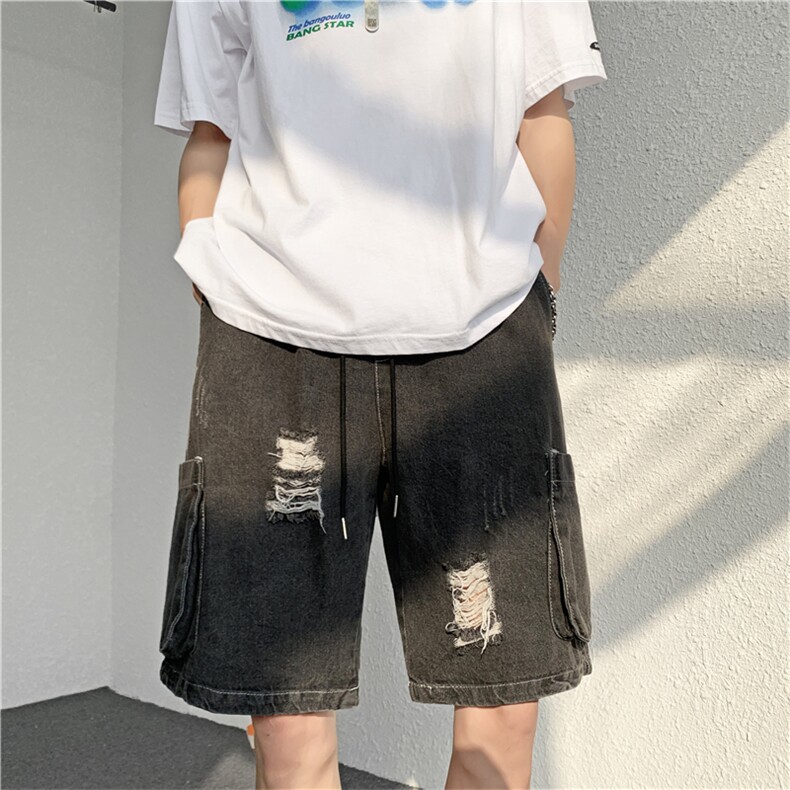 夏季男士牛仔短裤韩版宽松超火破洞直筒裤子bf港风中裤N06653-P40图片