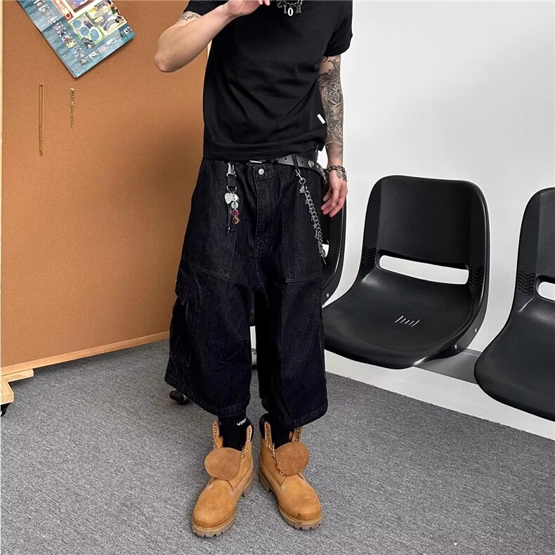 美式日常休闲多口袋设计工装牛仔短裤男cleanfit直筒阔腿七分中裤图片