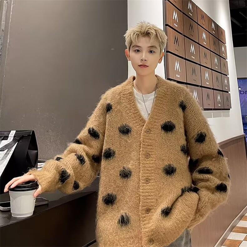 秋冬季慵懒风针织开衫男美式宽松休闲仿貂绒波点V领毛衣外套M5719，男装针织衫/毛衣，星座506