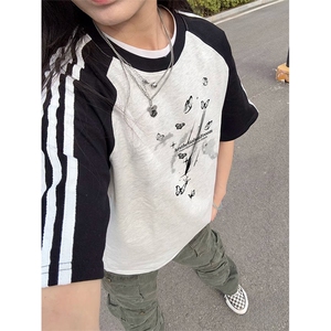 抖音得物品质二开240克宽松纯棉美式潮牌插肩三杠织带短袖T恤图片
