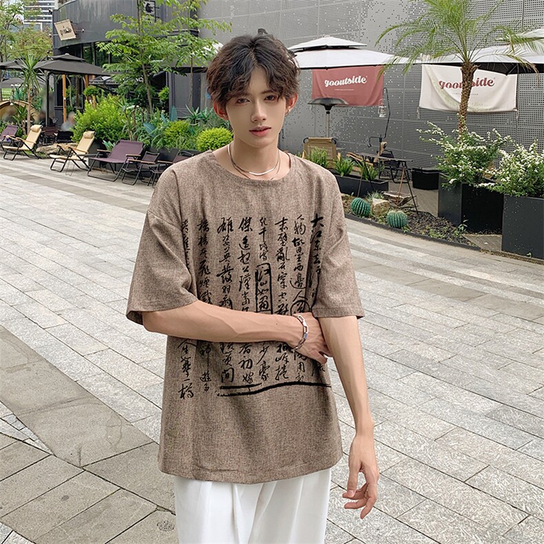已做版权现货新中式棉麻书法宽松亚麻大码短袖男MT23-P35控58,男装T恤,星座205-5