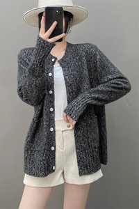 重磅加厚！花纱山羊绒针织开衫女红色圆领宽松毛衣外套羊毛秋冬图片