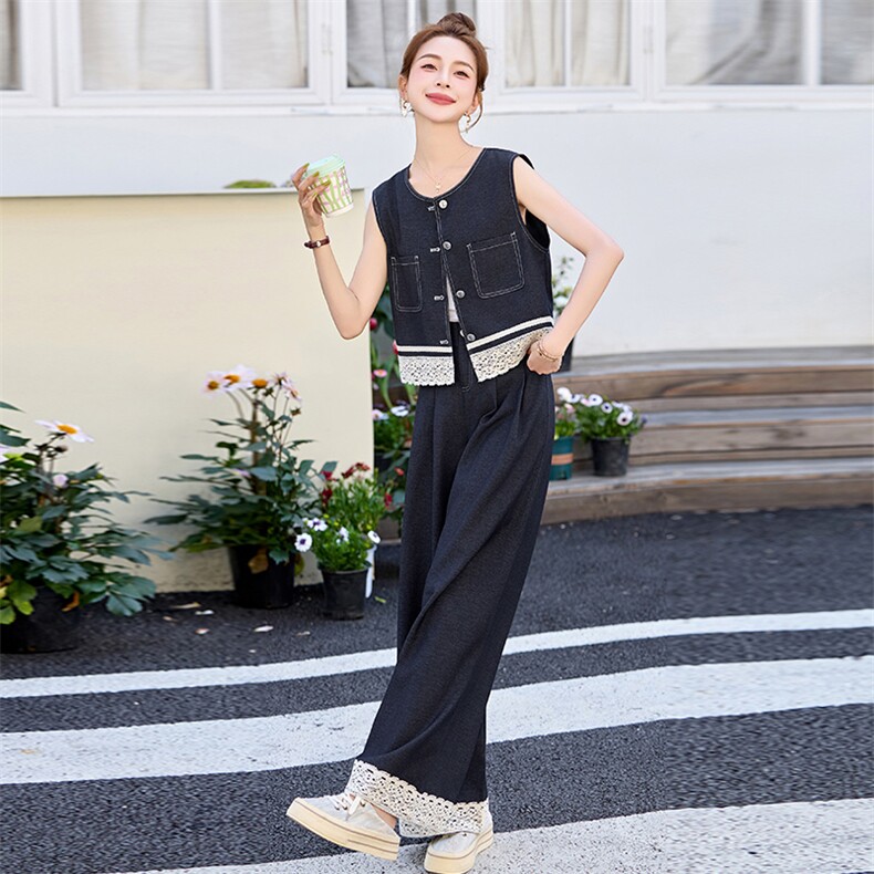 欧洲站时尚蕾丝拼接牛仔套装女2025年夏季新款小香风阔腿裤两件套,女装套装/套裙,丽美静依