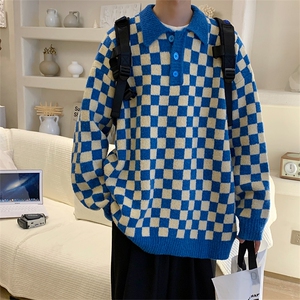 新款翻领棋盘格毛衣慵懒风宽松套头polo领针织衫现货 M326-P44图片