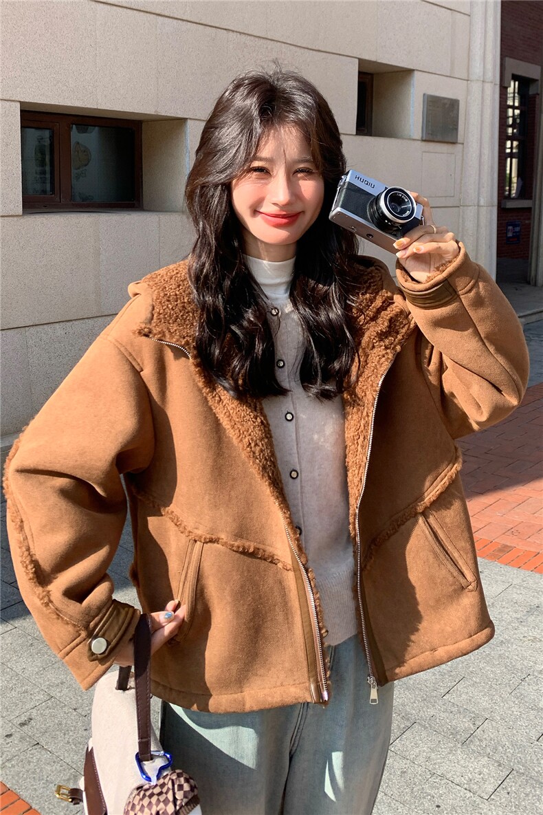 连帽皮毛一体羊羔毛外套女秋冬2025新款拉链设计感麂皮绒棉服爆款,女装皮草,2C306