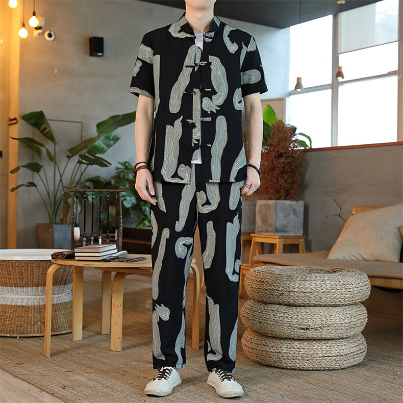 男士夏季风汉服棉麻透气舒适复古开衫唐装两件套HO6929-P65,男装民族服装,星座1105-3