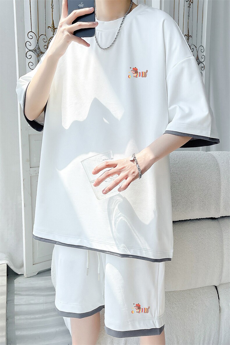 假两件短袖套装男生夏季腊肠狗印花半袖t恤大码宽松篮球运动短裤,男装休闲套装,电商A007