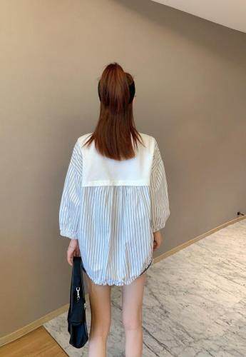 【现货】夏季新款针织衬衫拼接款笑脸刺绣七分袖潮款圆领卫衣，女装衬衫，微迪菲