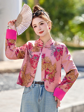 新中式国风印花盘扣外套女2025春新款独特超好看短款气质减龄上衣，女装短外套，韩宇舍