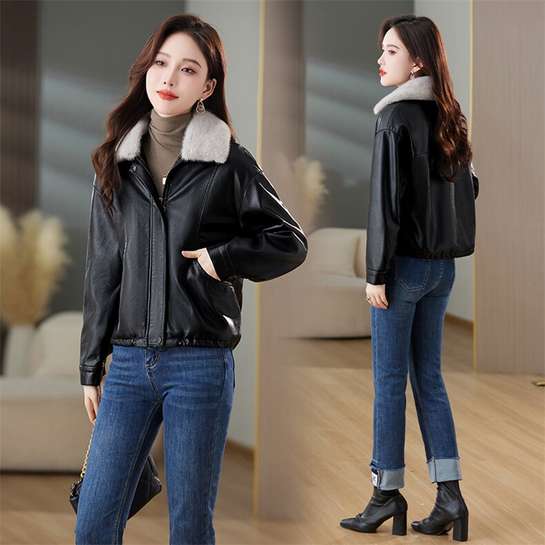 2023冬季女装新款时尚欧版休闲加绒皮衣皮棉，女装皮衣，缘衣格