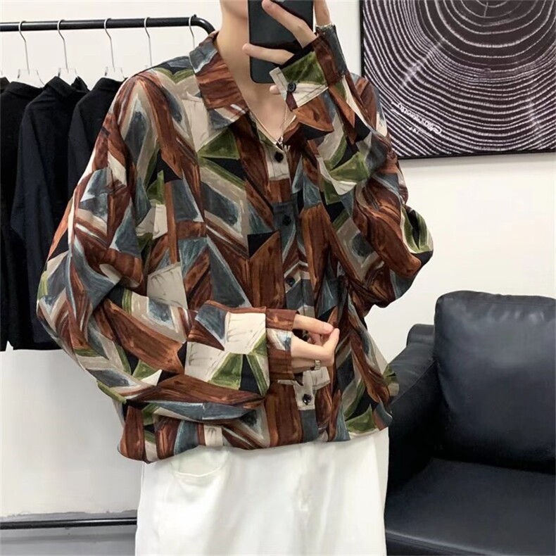 春秋季长袖花衬衫宽松2025新款春秋季复古高级感雪纺垂感痞帅衬衣,男装衬衫,星座715-4