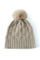 出口订单秋冬纯山羊绒针织帽子女加厚绞花狐狸毛球护耳毛线帽时尚，帽子，轩妮羊绒