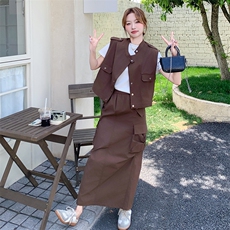 2516新品！数据款，现货秒配！工装风马甲半身裙套装，女装套装/套裙，2C225