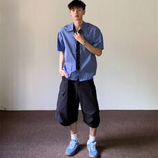 蓝色格纹假领带衬衫男女夏季短袖美式衬衣情侣A2270-P39，男装T恤，星座208-5