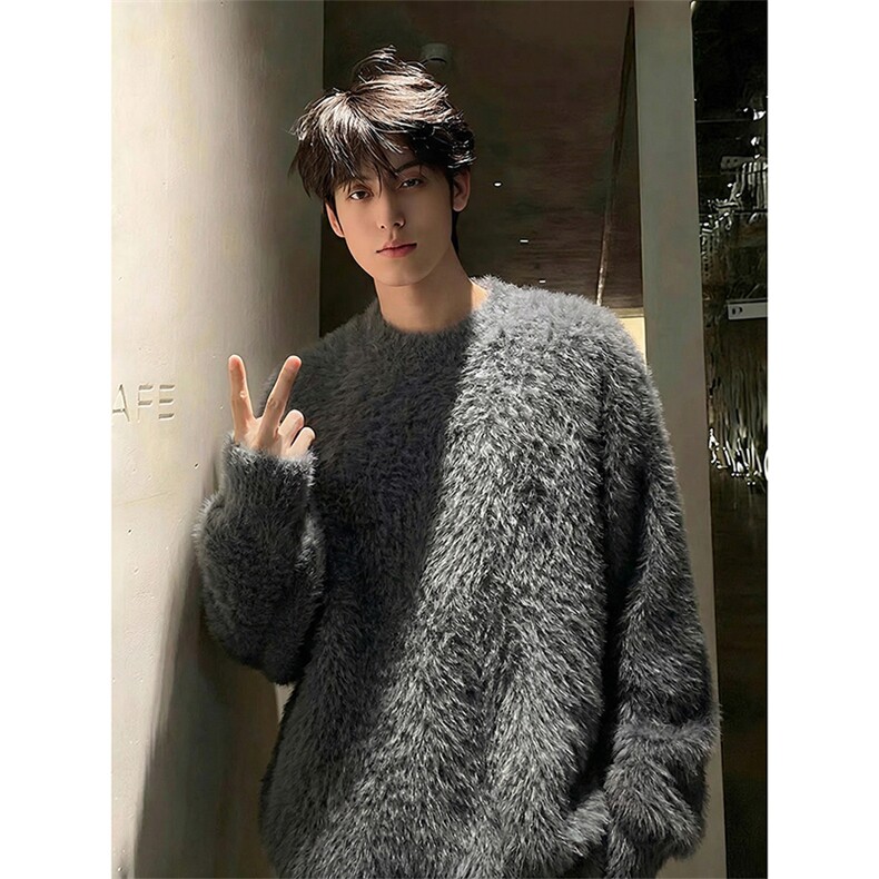 网图日系慵懒风小众个性毛绒毛衣软糯圆领套头休闲上衣HY609TP60图片