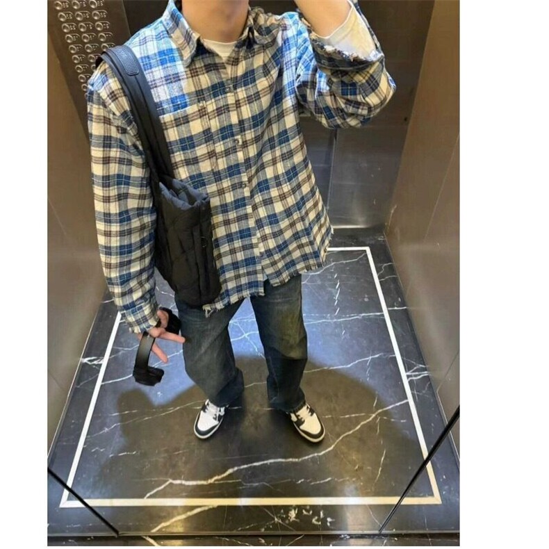 美式格纹长袖衬衫复古个性撞色破坏毛边工艺格子衬衣男女潮图片