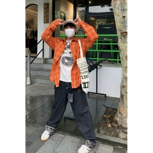 美式复古格纹长袖衬衫男女休闲宽松春秋情侣百搭宽松衬衣男CS2234图片
