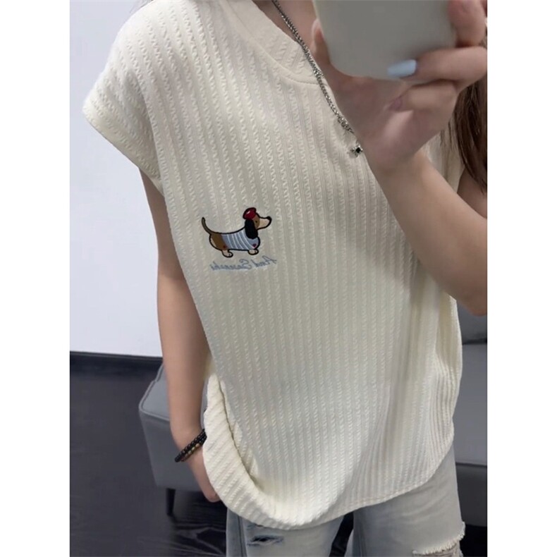 米杏色腊肠小狗刺绣V领t恤男女款夏季肌理感无袖坎肩运动健身背心,男装背心/马甲,星座1210-1