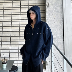 美式不规则珍珠连帽双拉链开衫毛衣宽松外套男女12808-P73，男装针织衫/毛衣，电商C307
