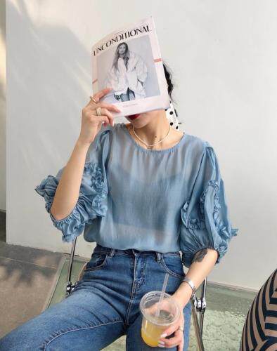 天丝荷叶袖小衫，女装，依纤