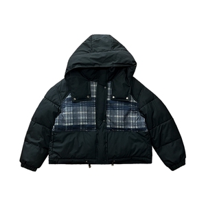 B09/P108控148 冬季复古撞色蓝白格纹连帽短款设计棉服男黑首1图片