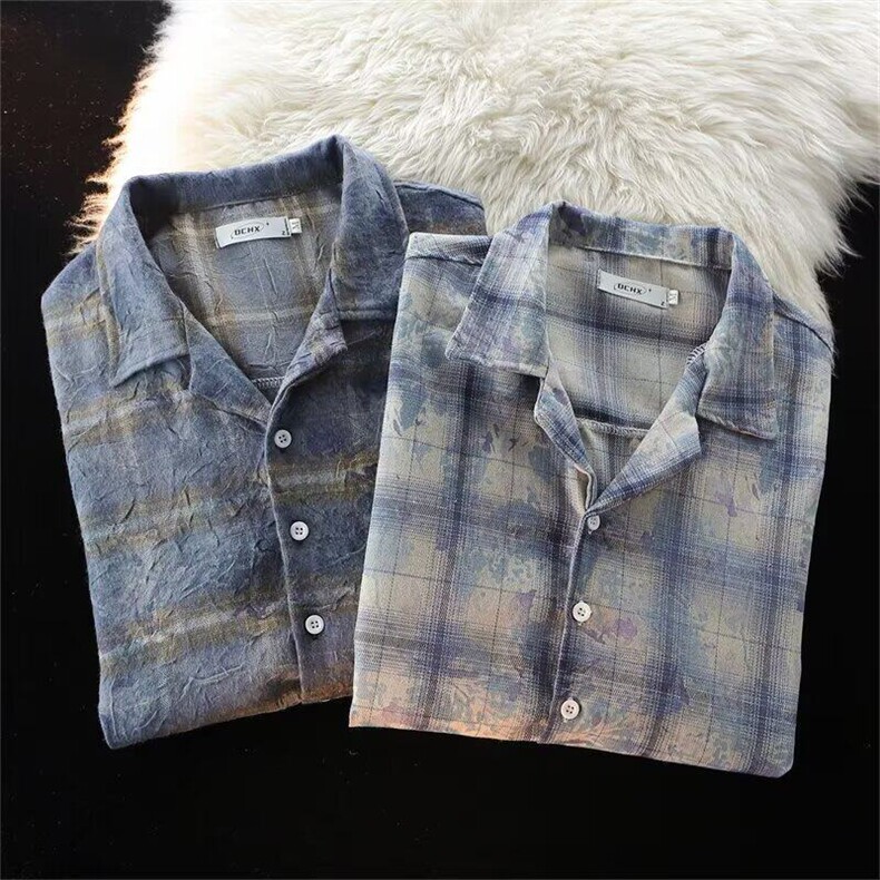 水洗复古做旧亚麻格纹短袖衬衫透气宽松慵懒风外套潮8422P48,男装T恤,星座410-2