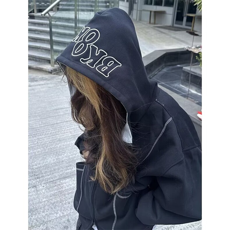 潮牌美式重磅400g连帽拉链开衫外套明辑线廓形刺绣连帽卫衣情侣图片