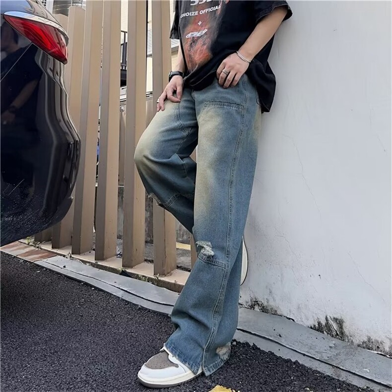 美式复古坠感破洞牛仔裤男嘻哈hiphop宽松直筒拖地裤潮牌GN20-P45,男装牛仔裤,星座1008