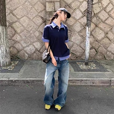 得物抖音高品质二开夏季美式潮牌高街假两件格子衬衣翻领短袖T恤，男装T恤，电商A486