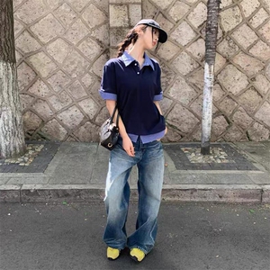 得物抖音高品质二开 夏季美式潮牌高街假两件格子衬衣翻领短袖T恤图片