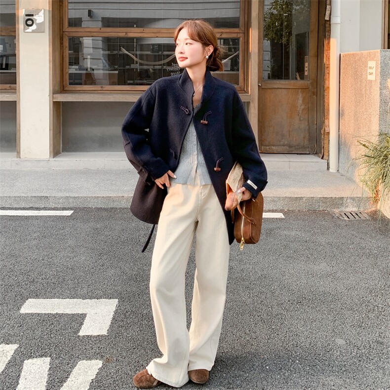 韩版复古毛呢大衣女2025冬季新款时尚高级感牛角扣收腰气质外套,女装毛呢外套,2D014