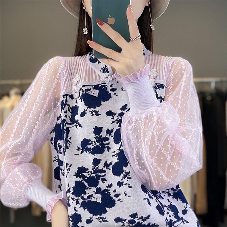 时尚优雅女士羊毛衫精致蕾丝拼接舒适保暖修身显瘦,女装羊毛衫,宛庄羊绒