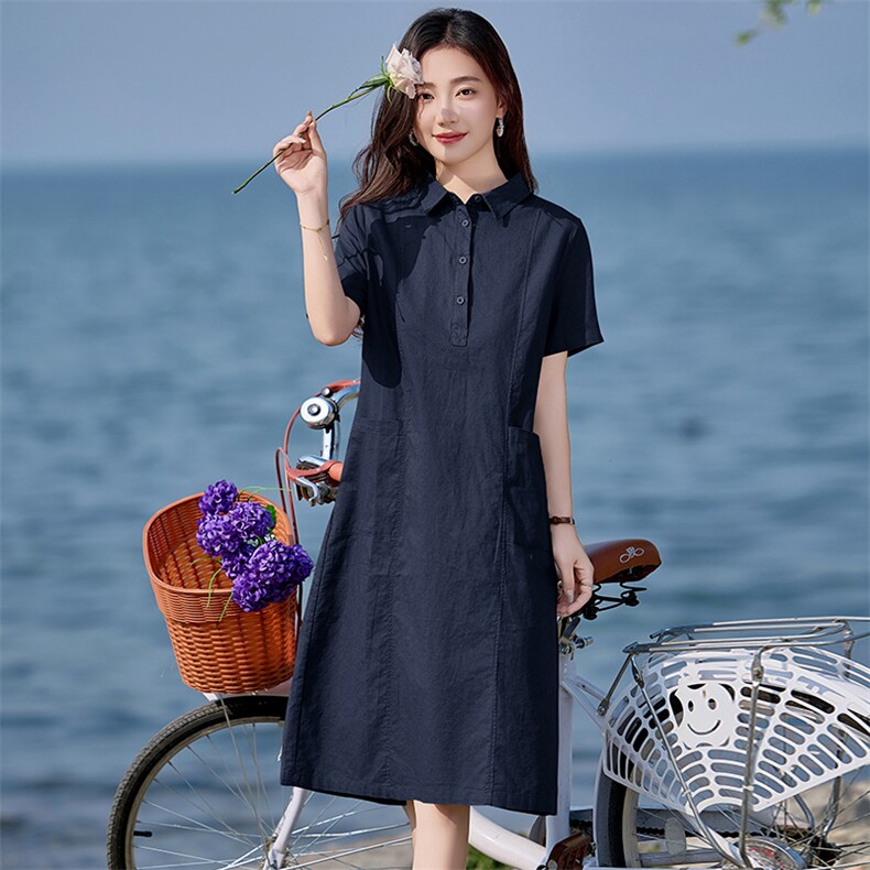 夏季薄款棉麻连衣裙女2025新款宽松遮肚子显瘦气质翻领亚麻衬衫裙,女装连衣裙,文熹诺