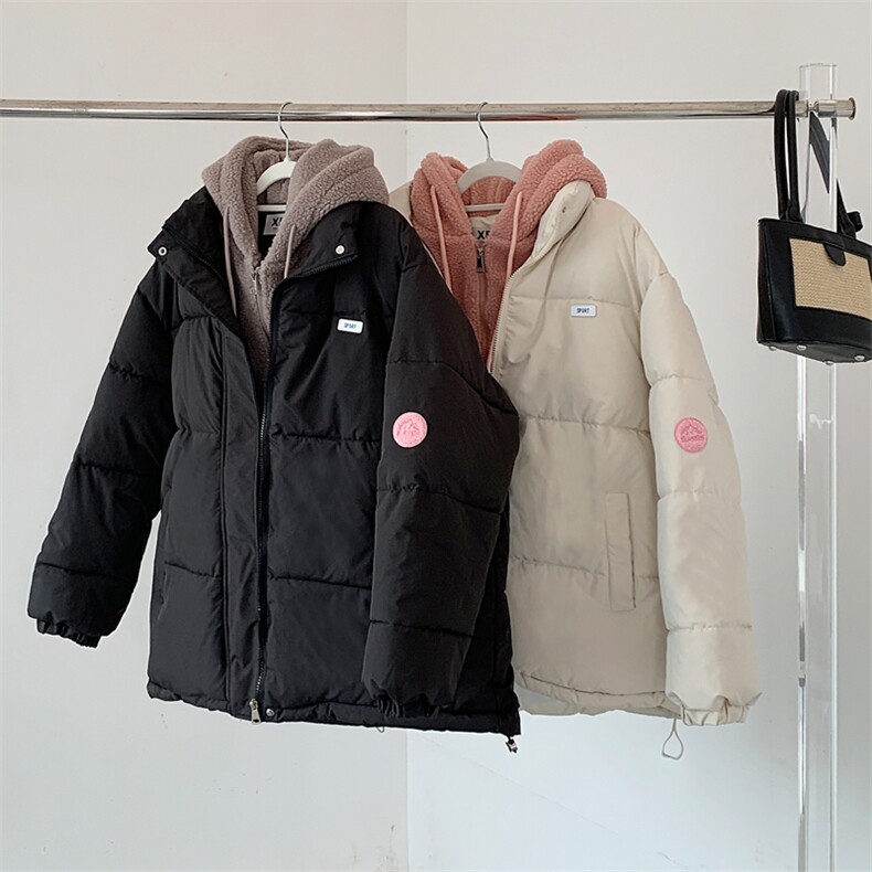 羊羔毛拼接假两件加厚连帽羽绒棉服女2023年新款日系情侣外套,女装棉衣/棉服,梦白服饰厂