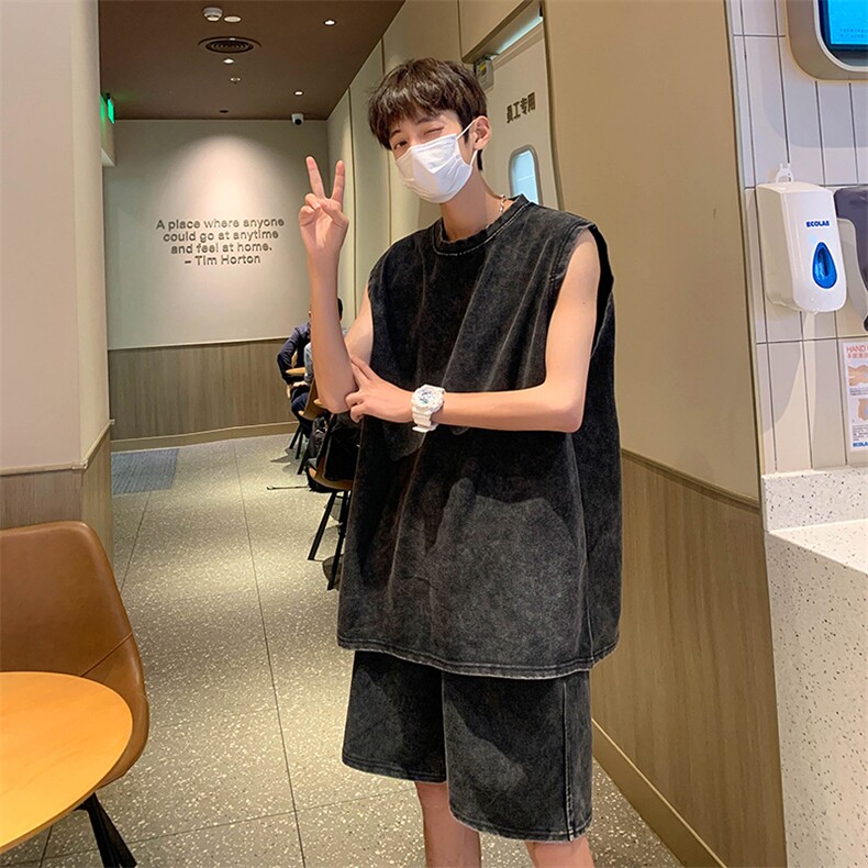 TZ30-P50美式水洗做旧短袖背心套装,男装休闲套装,星座1501-1